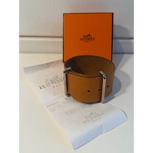 Hermes Etriviere Leather Cuff Bracelet Barenia Tan Gold Palladium Hardware Box